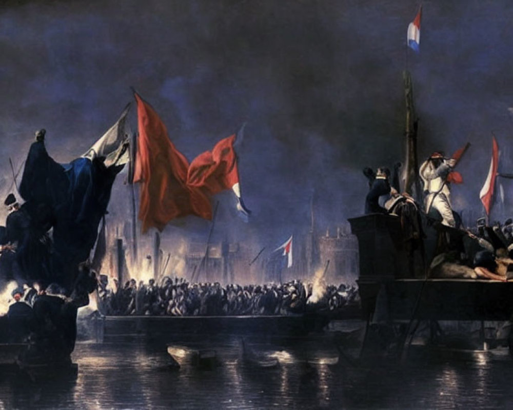 Nighttime naval battle painting with fiery explosions and soldiers holding French flags.