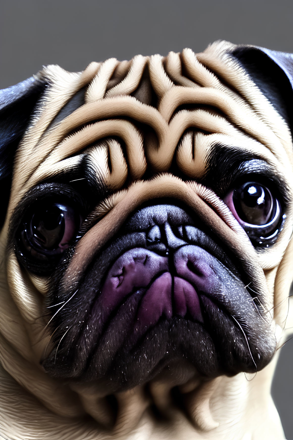 Pug Dog with Wrinkles and Expressive Eyes on Grey Background