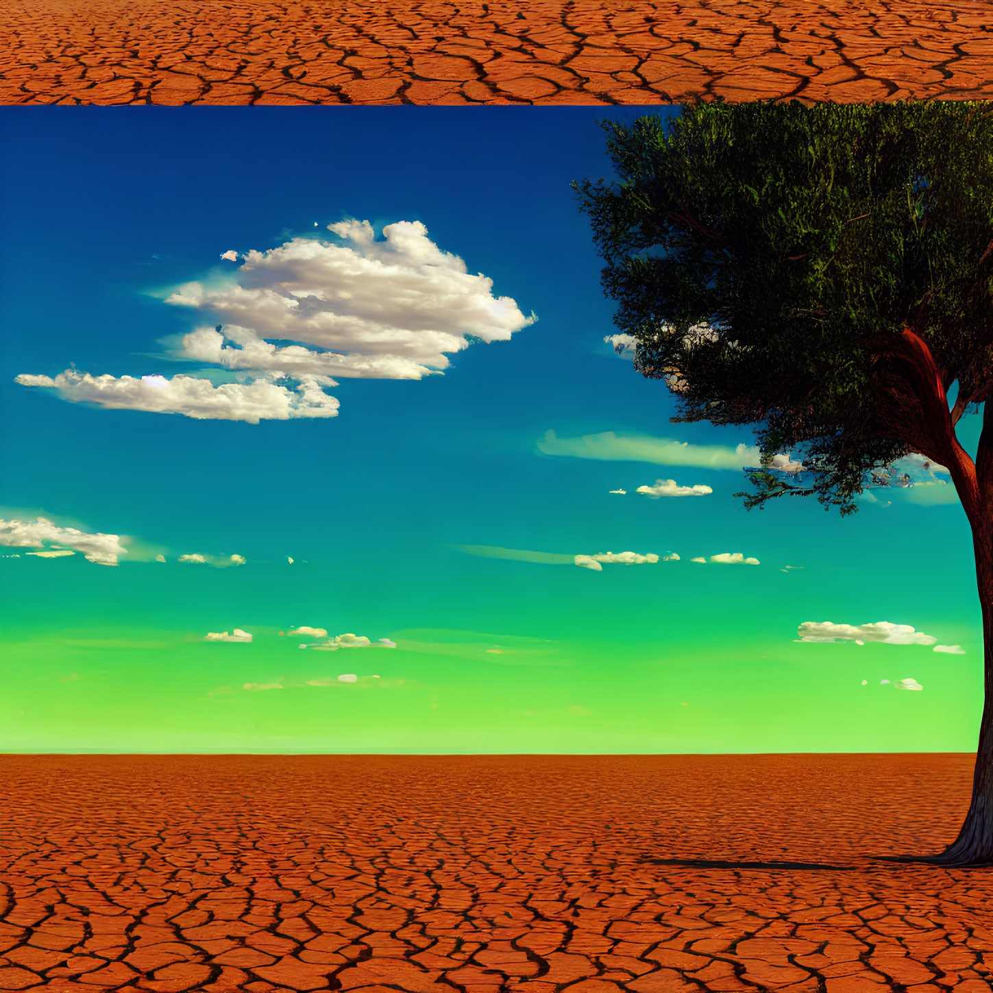 Solitary tree on cracked earth under vibrant sky with gradient colors