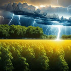 Multiple lightning strikes over golden wheat field in stormy sky