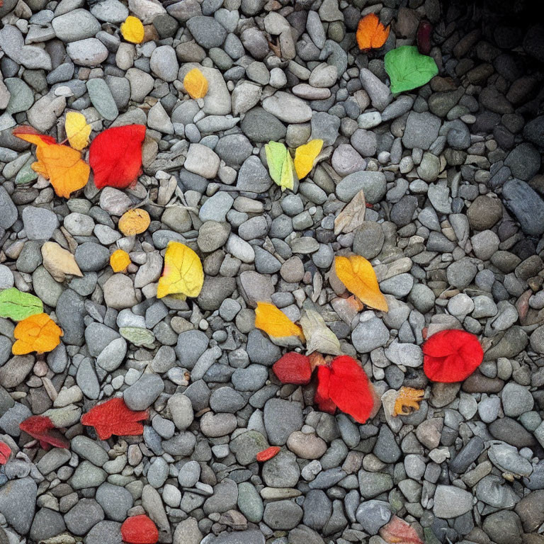 Autumn leaves on smooth pebbles in different colors