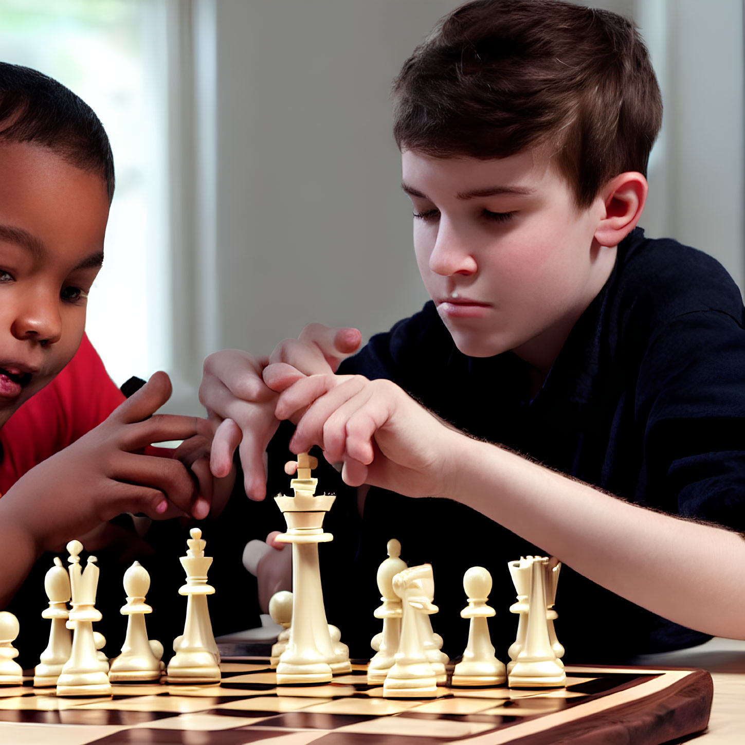 Children playing chess game, one boy strategizing on next move