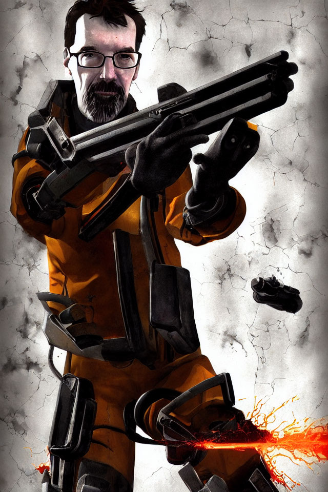 Man in Orange Suit with Beard and Futuristic Gun in Illustration