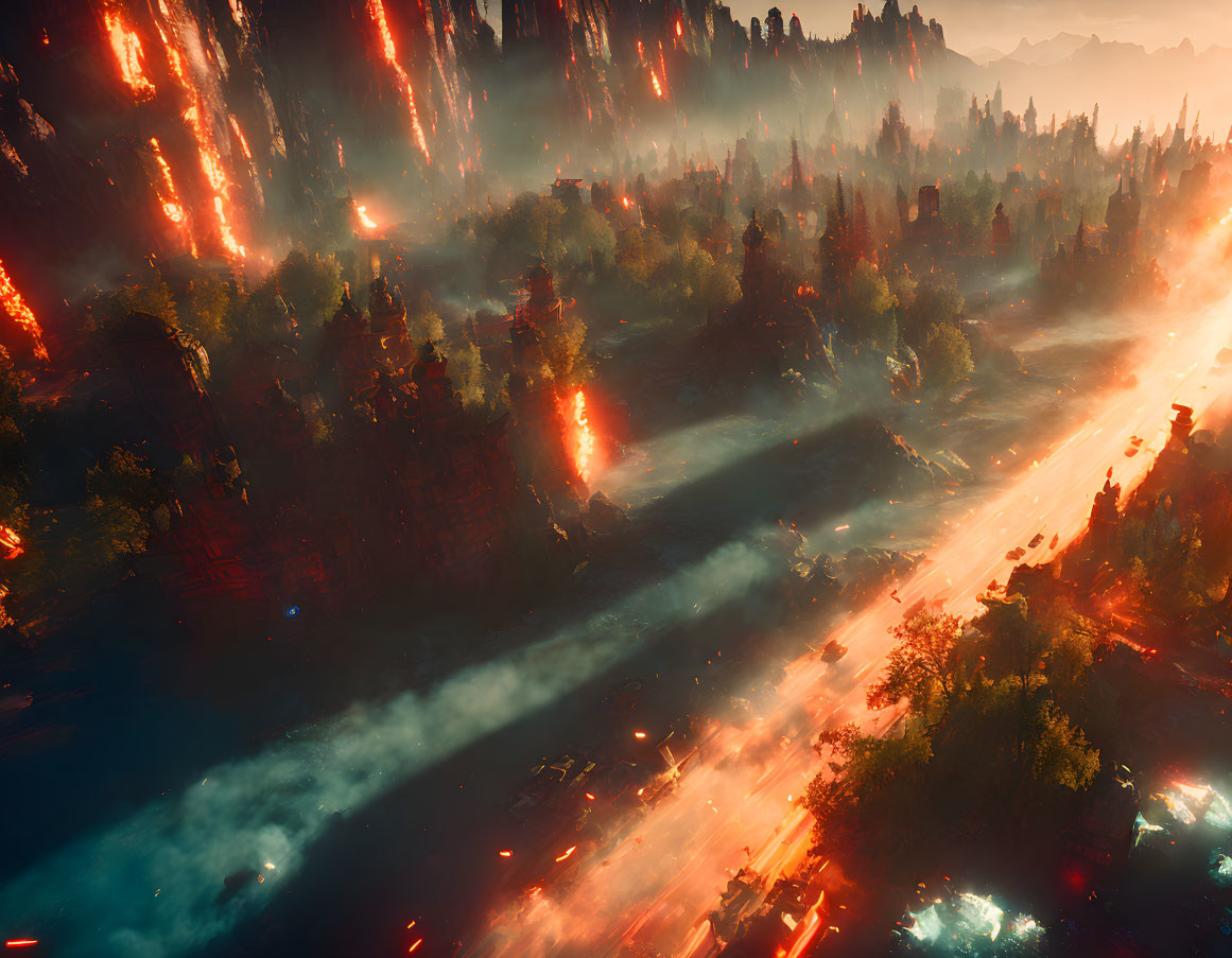 Blazing trees, lava streams, and smoky atmosphere in fiery landscape