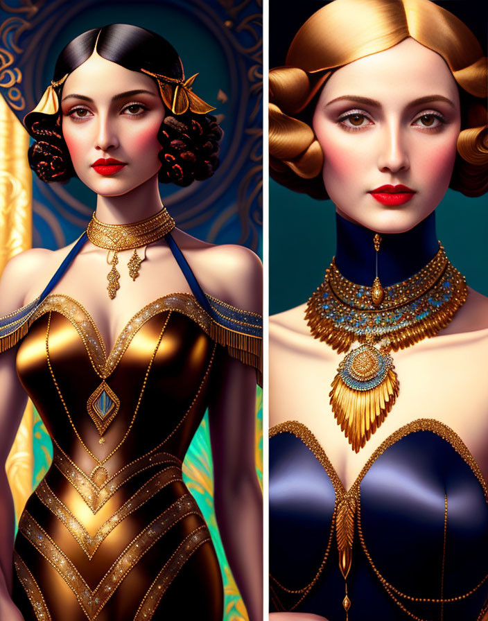 Stylized portraits of women in art deco fashion and jewelry.