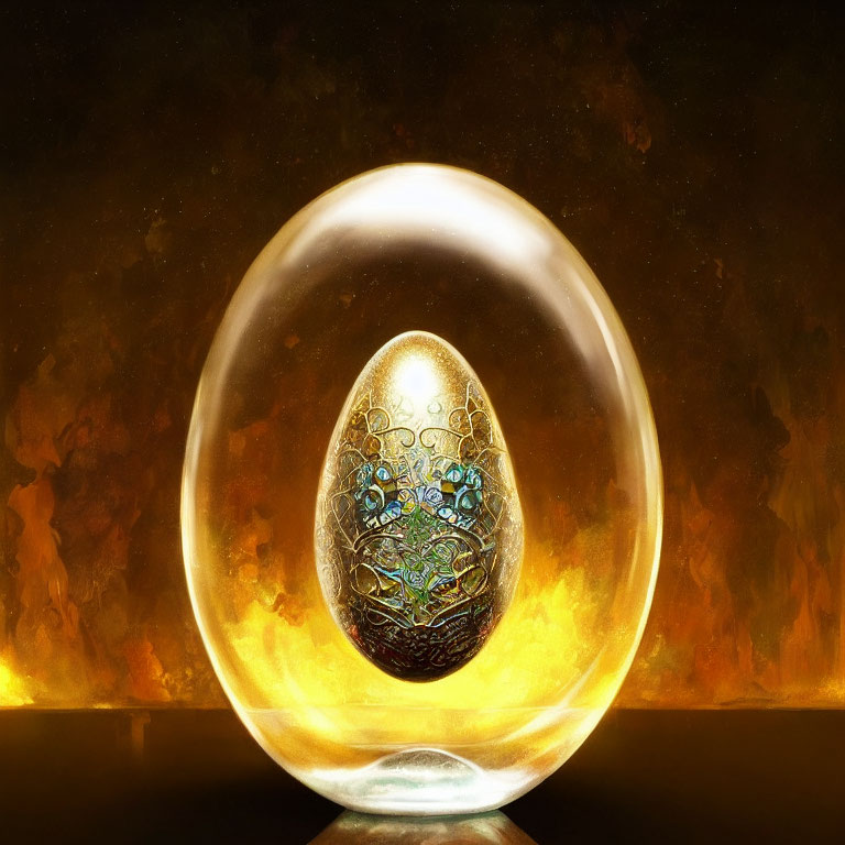 Intricate golden egg in translucent bubble on fiery amber backdrop