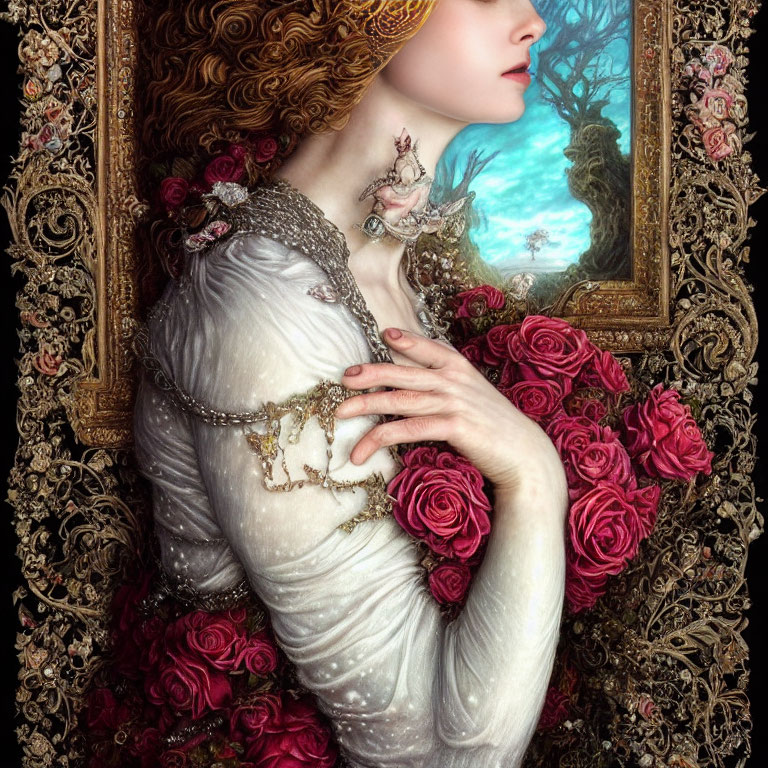 Detailed painting of woman with red hair, roses, ornate dress, jewelry, and forest background