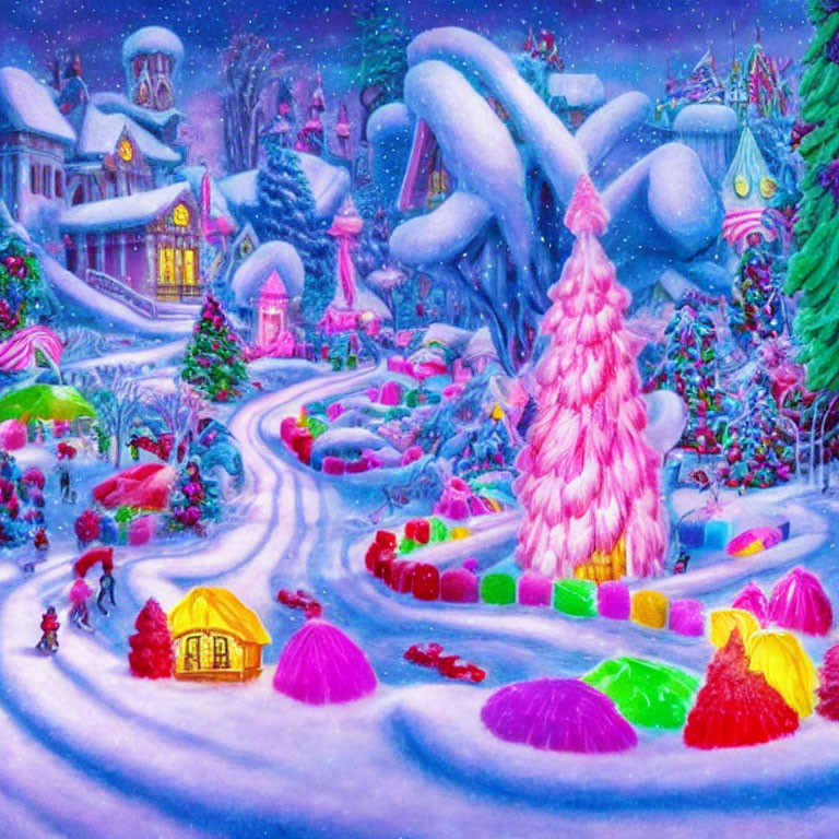 Colorful Winter Village Scene with Festive Lights & Characters