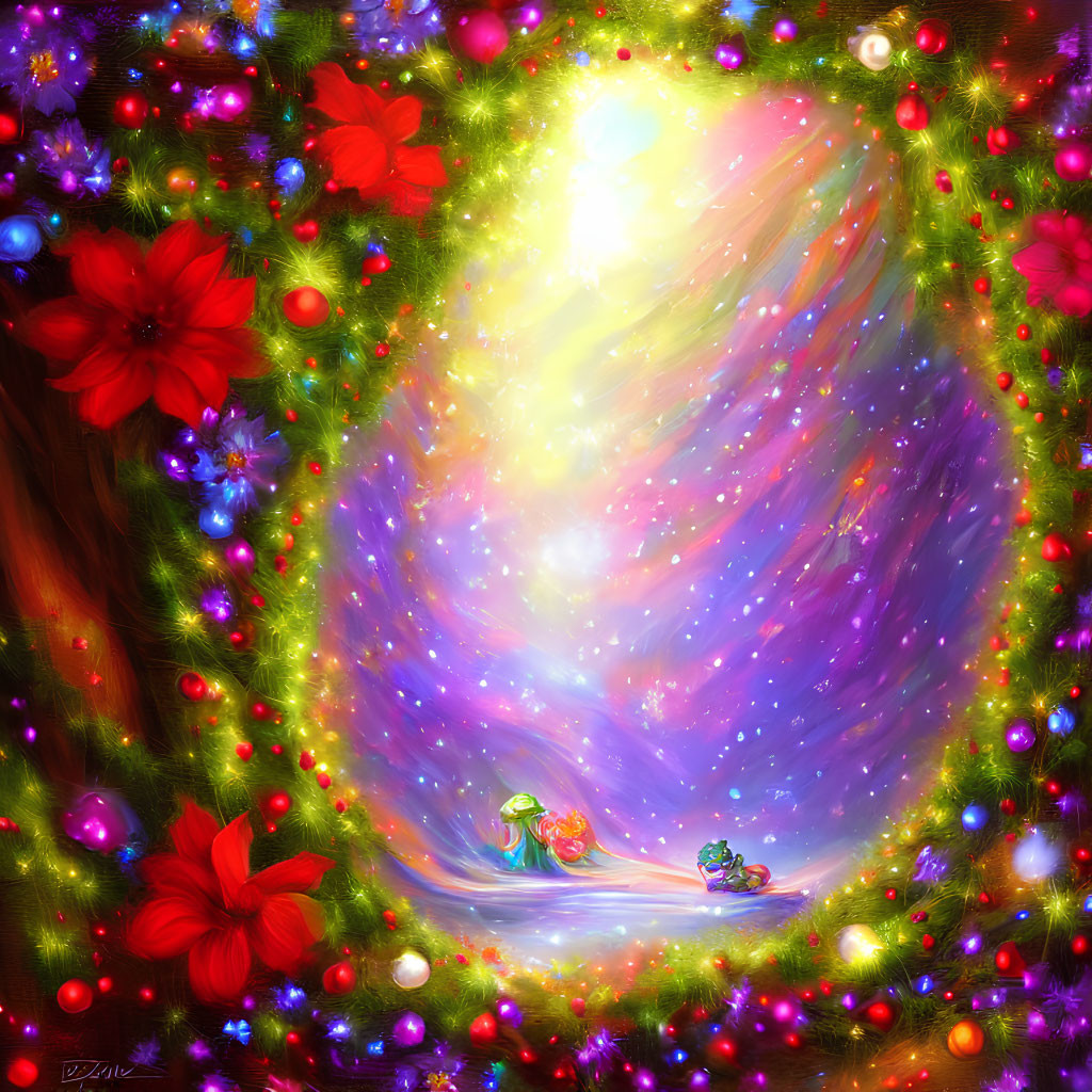 Colorful illustration of whimsical portal with fantasy creatures and starry path