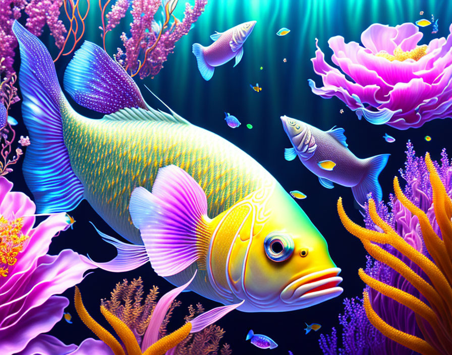 Colorful underwater scene with large fish, coral reefs, and light beams.