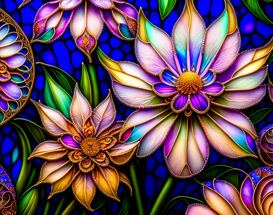 Colorful Stylized Flower Art in Purple, Blue, and Gold
