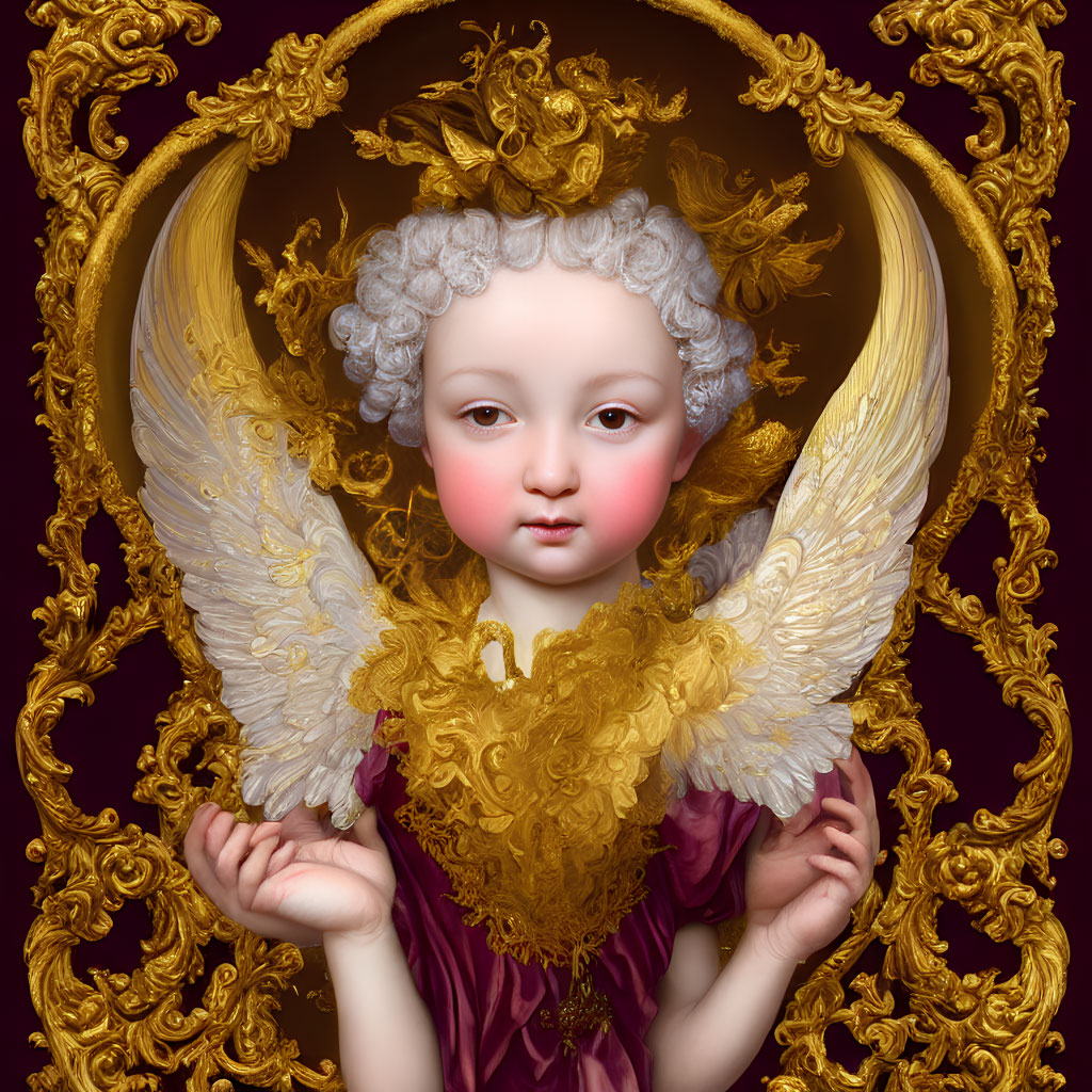 Cherubic Figure with Angelic Wings in Golden Rococo Frame