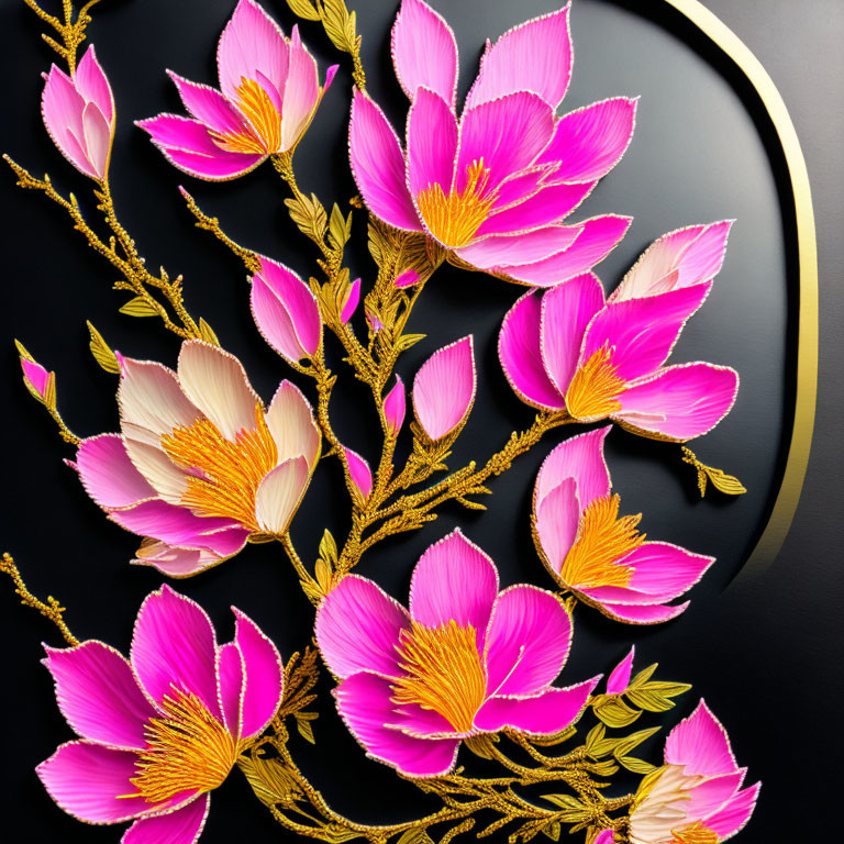 Stylized 3D art: Pink flowers with golden details on dark background