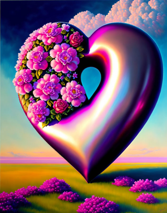 Split heart digital artwork with pink flowers and glossy side in vibrant sunset.