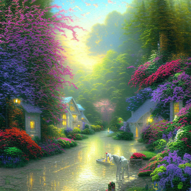 Enchanting village with blooming flowers, soft glow, and unicorn