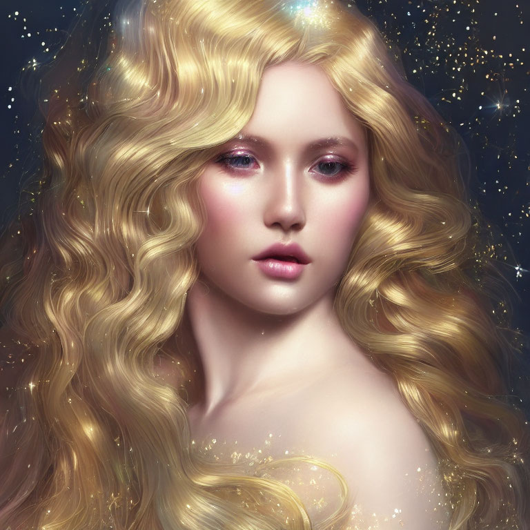 Digital portrait of woman with golden hair among twinkling stars