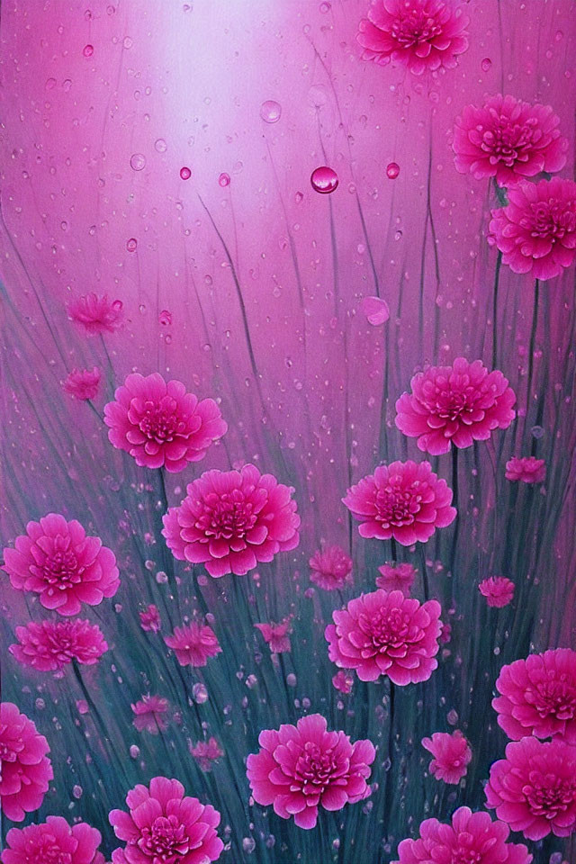 Pink flowers with dewdrops and bubbles on gradient background.