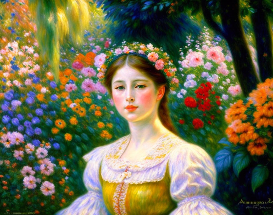 Young woman with floral wreath in vibrant flower setting