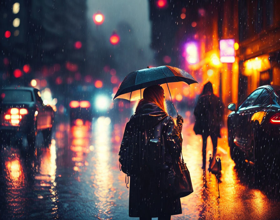 Person under umbrella in rain at night with city lights and traffic glow