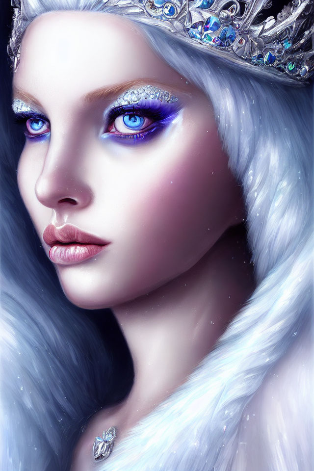 Digital artwork featuring woman with blue eyes, silver hair, tiara, and snowy theme