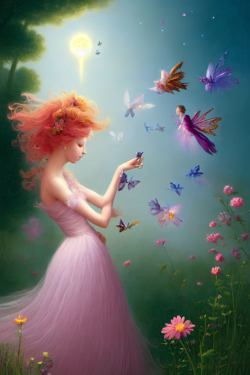 Woman in pink gown with red hair gazes at butterflies in magical forest with glowing yellow light