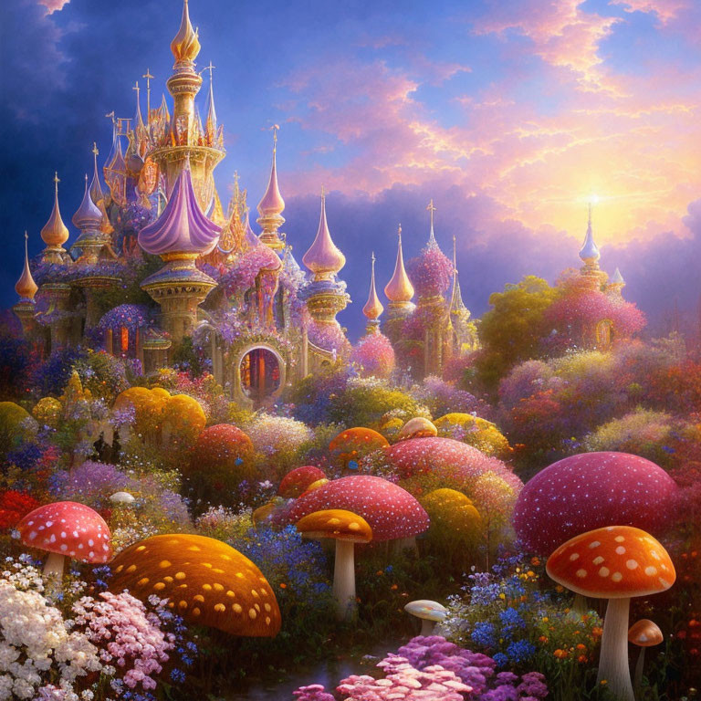 Colorful Castle and Oversized Mushrooms in Fantastical Landscape