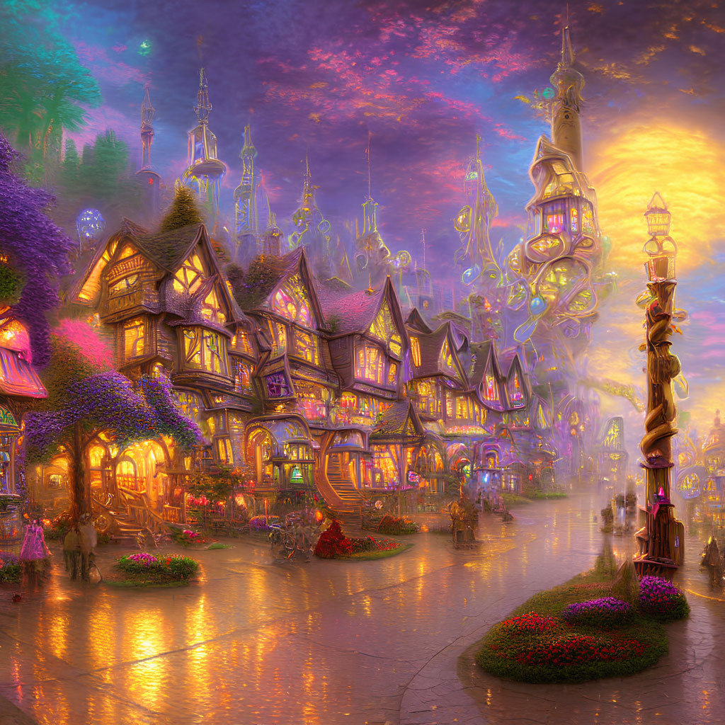 Fantasy village with whimsical architecture and glowing castle at dusk