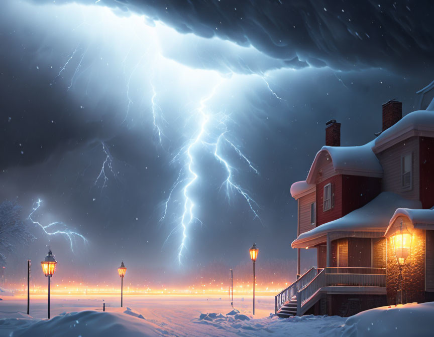 Snowy Neighborhood Illuminated by Lightning at Night