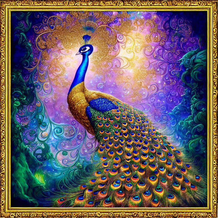 Colorful Peacock Artwork in Psychedelic Frame: Blue and Gold Palette