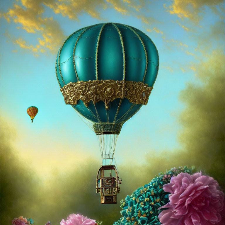 Ornate hot air balloon among clouds and pink flowers