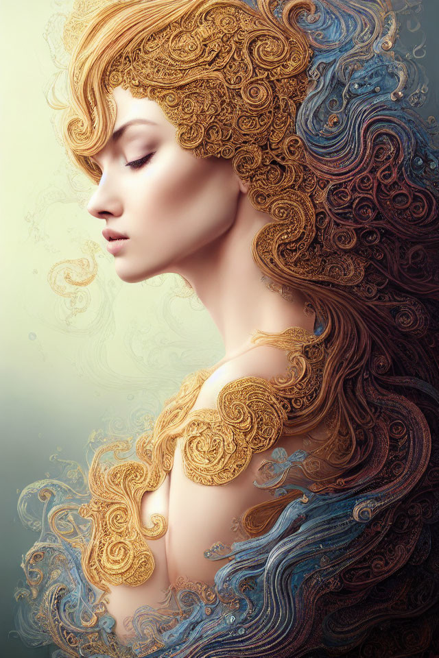 Elaborate gold and blue ornate hair designs in artistic portrait