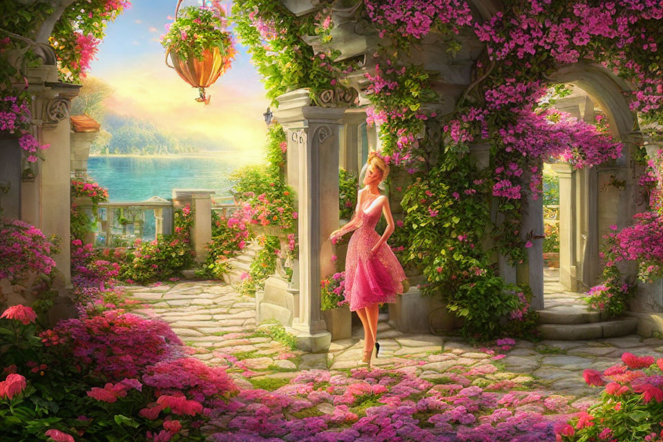 Woman in Pink Dress in Enchanting Garden with Pink Flowers