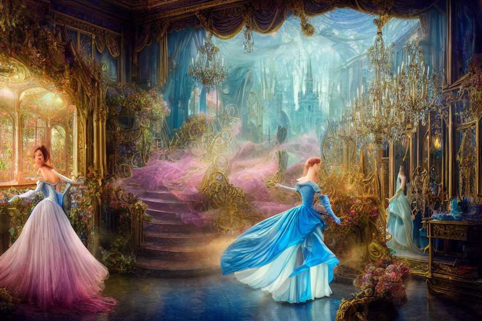 Opulent fantasy ballroom with elegant women in gowns