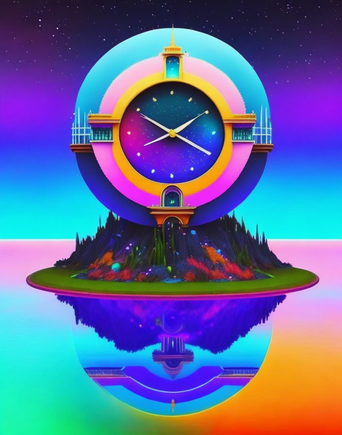 Surreal clock tower on island with starry sky and mirrored water