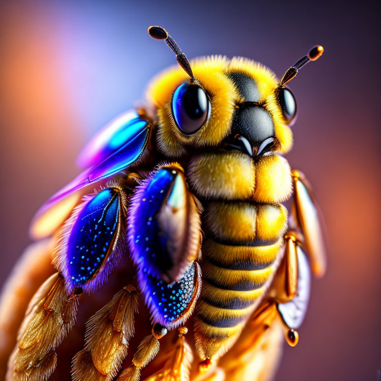 Vibrant stylized bee with blue and purple wings in close-up view