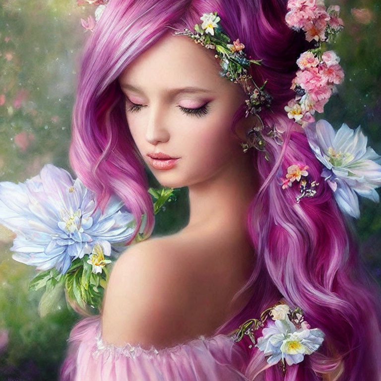 Person with Purple Hair and Pastel Flowers in Dreamy Portrait