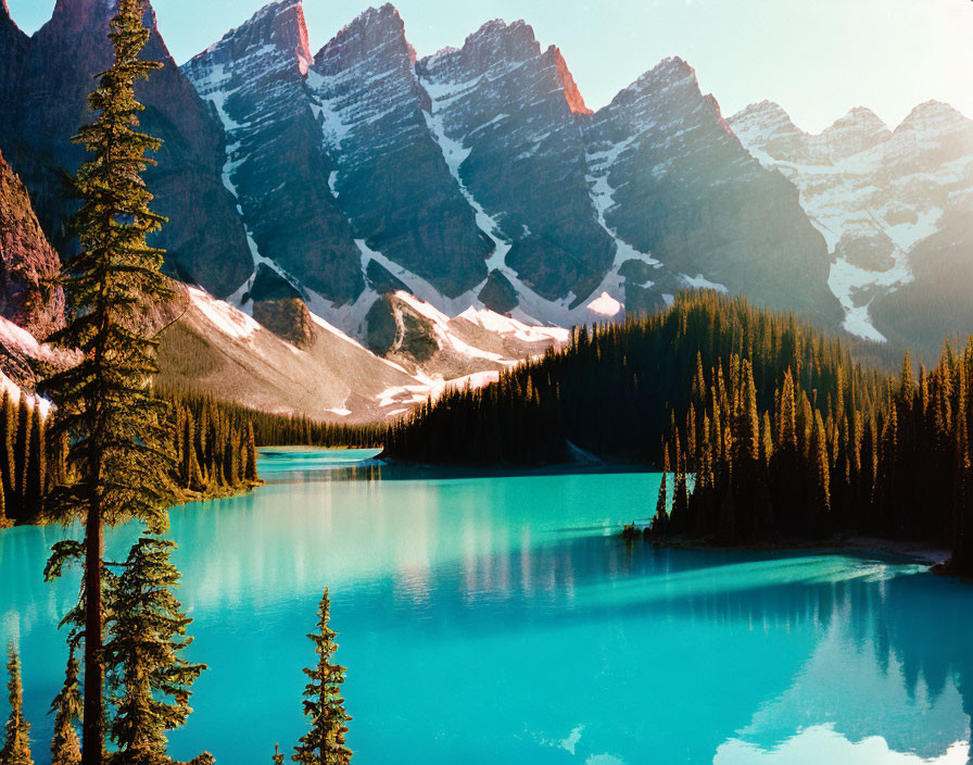 Scenic turquoise lake with pine trees and snow-capped mountains.