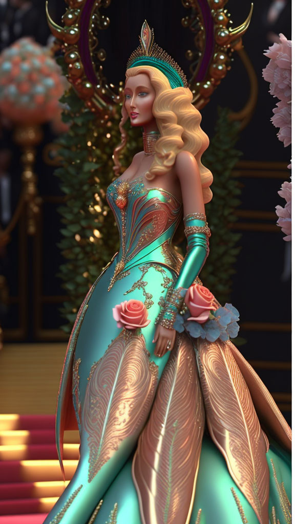 Stylized female figure in turquoise and gold gown with roses