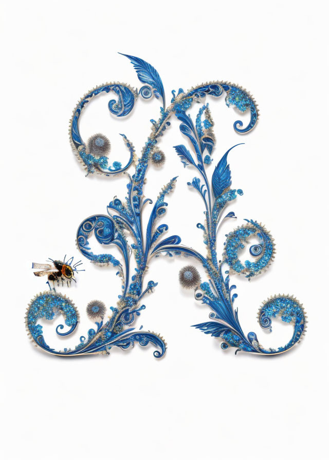 Detailed Blue and Teal Floral "A" with Peacock Feathers and Bee