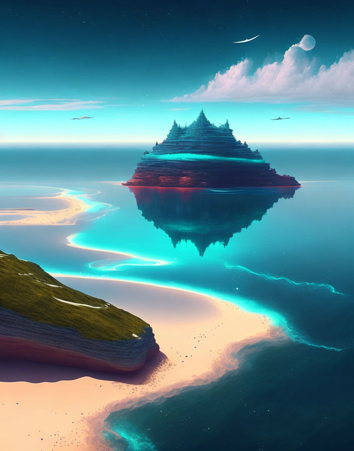 Surreal floating island above ocean with inverted reflection, dusk sky & crescent moon