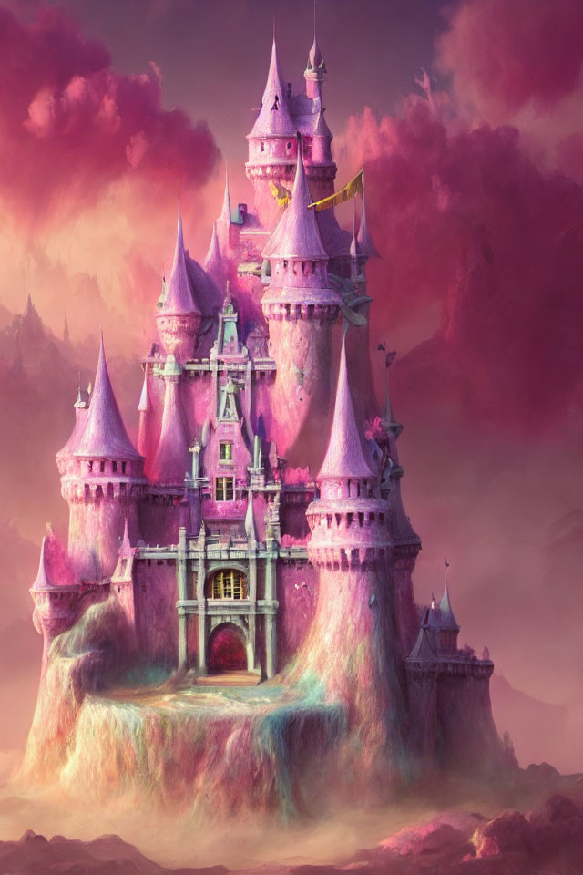 Pink-hued castle with towering spires in dreamlike landscape