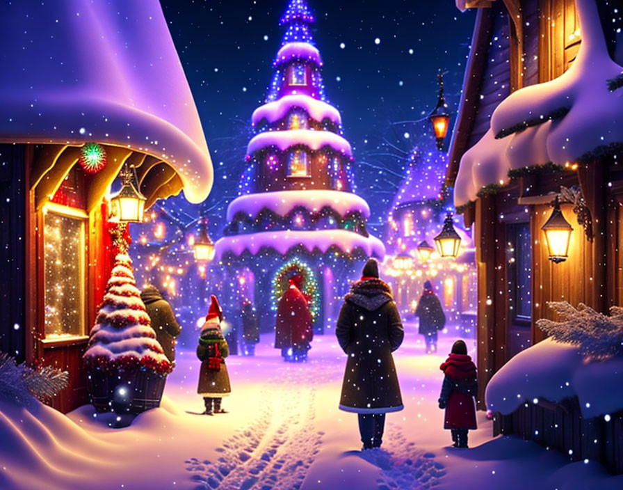 Winter Village Scene with Snow and Festive Lights