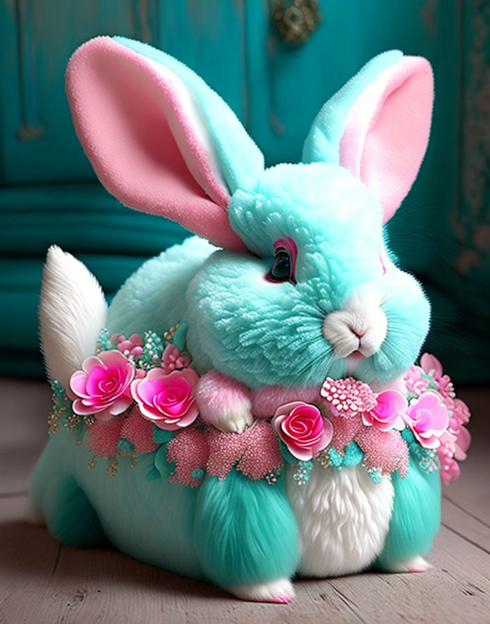 Turquoise Bunny Plush with Pink Inner Ears and Floral Collar on Teal Background