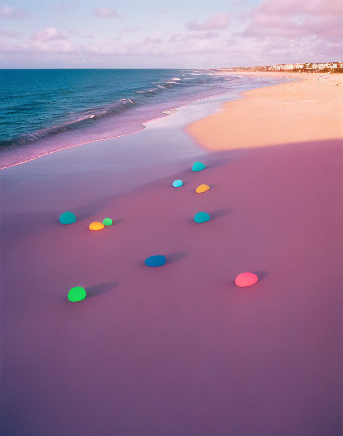 Tranquil Beach Scene with Colorful Eggs at Sunset