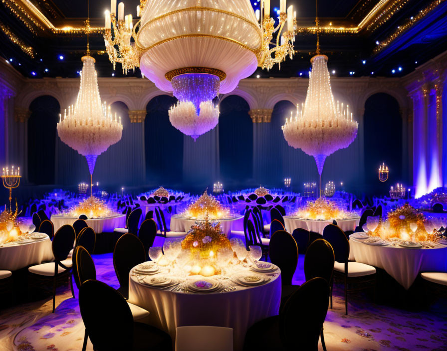 Luxurious Banquet Hall with Crystal Chandeliers and Purple Lighting