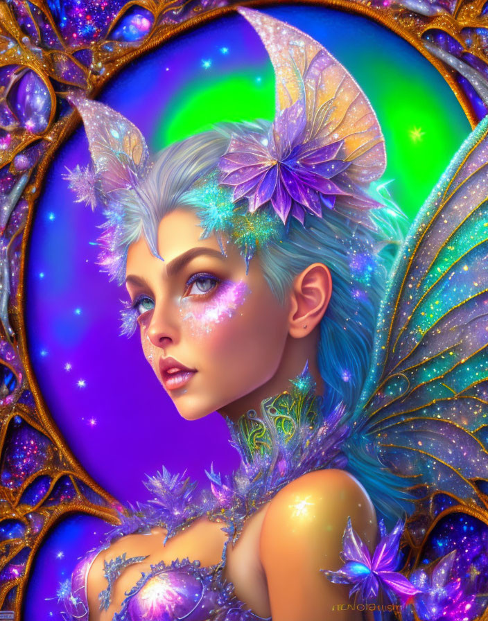 Fantastical portrait of a fairy with luminescent wings and crystal adornments