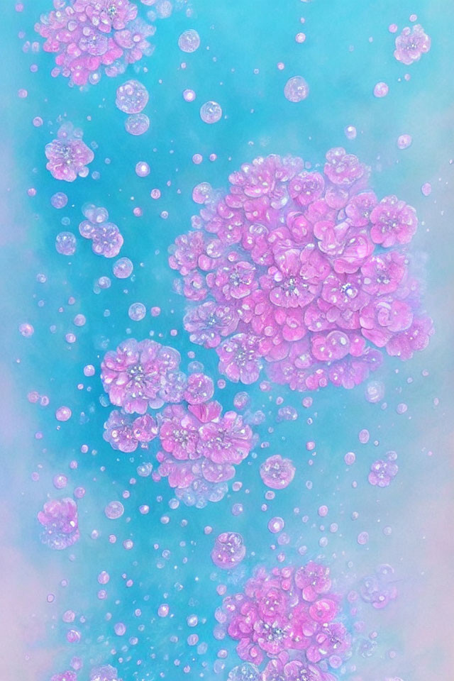 Soft Pink Flowers with Bubbles on Light Blue Background