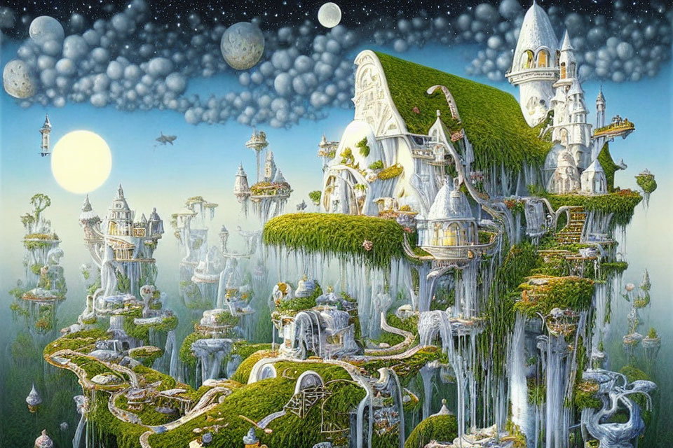 Whimsical white castles on lush green cliffs with floating rocks and planets