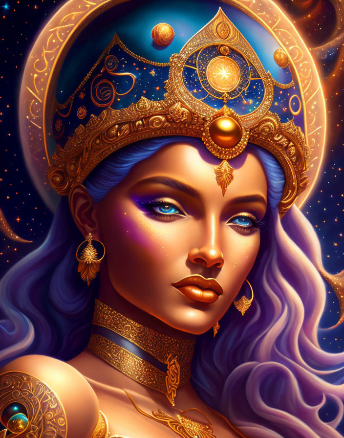 Blue-skinned woman with celestial jewelry and wavy hair.