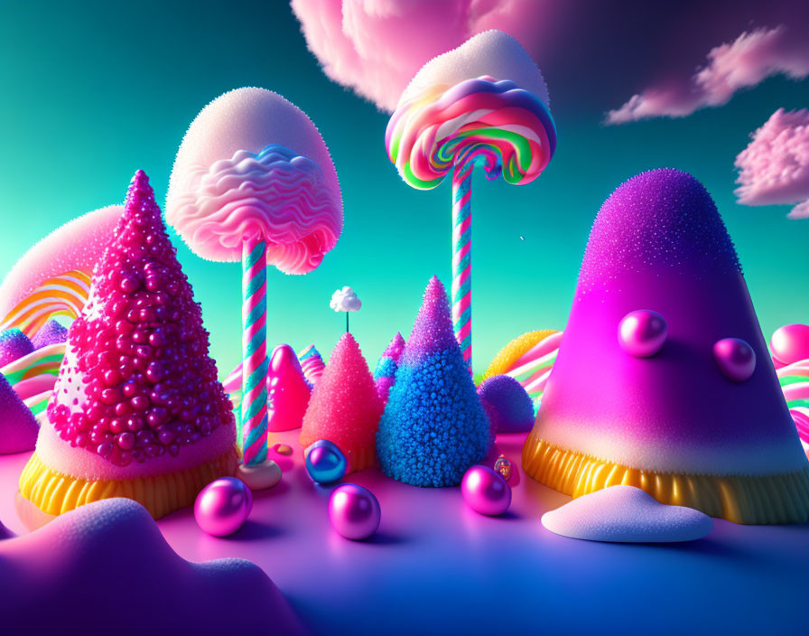 Colorful Landscape with Candy-like Trees and Reflective Orbs